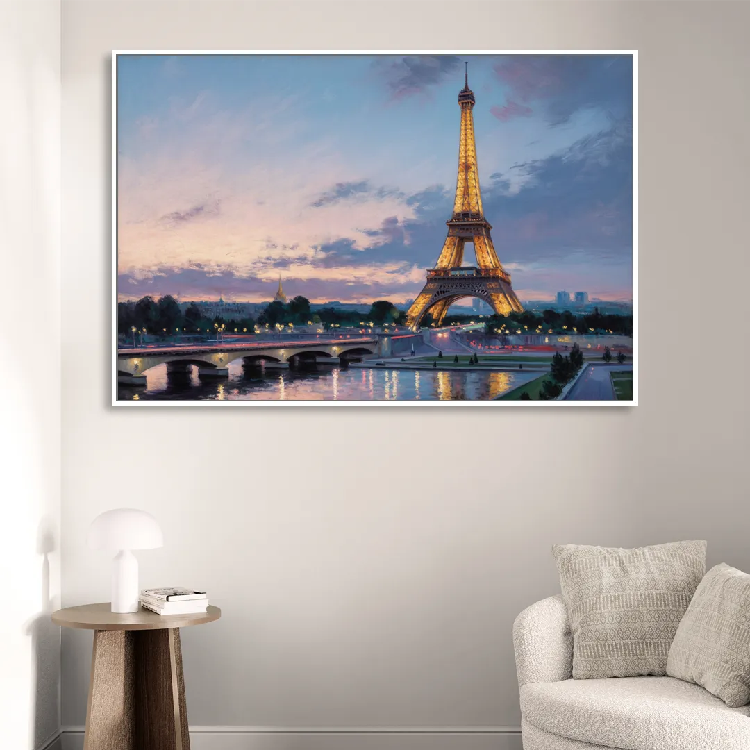 Eiffel Tower Twilight Living Room - White Canvas Wall Art