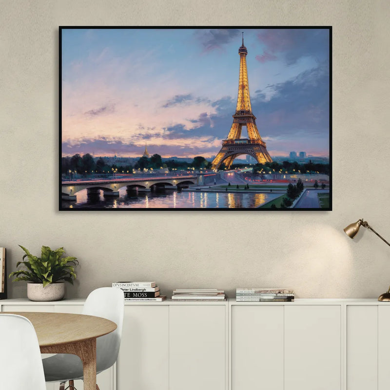 Eiffel Tower Twilight Living Room - Black Canvas Wall Art