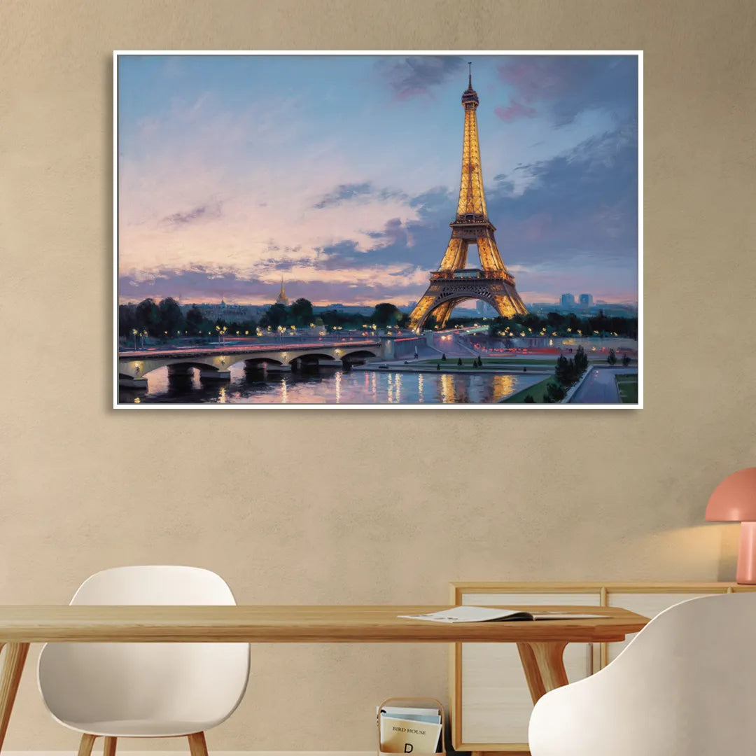 Eiffel Tower Twilight Sitting Room - White Canvas Wall Art