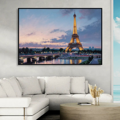 Eiffel Tower Twilight Sitting Room - Black Canvas Wall Art