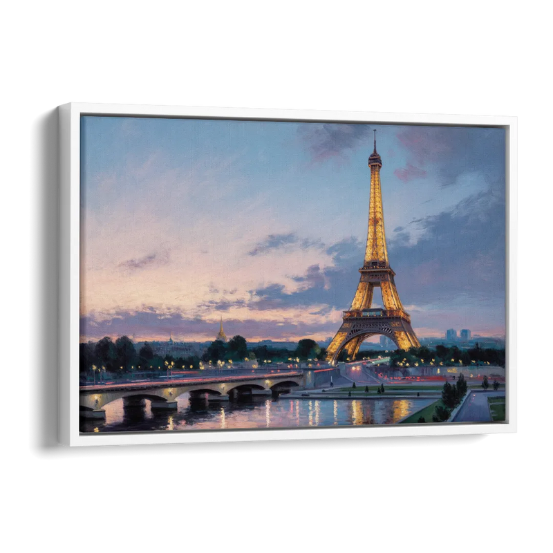 Eiffel Tower Twilight Side - White Canvas Wall Art