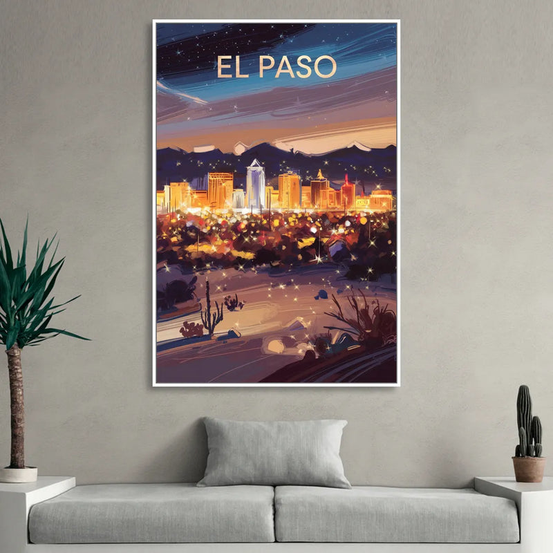El Paso Night Lights Sitting Room - White Canvas Wall Art