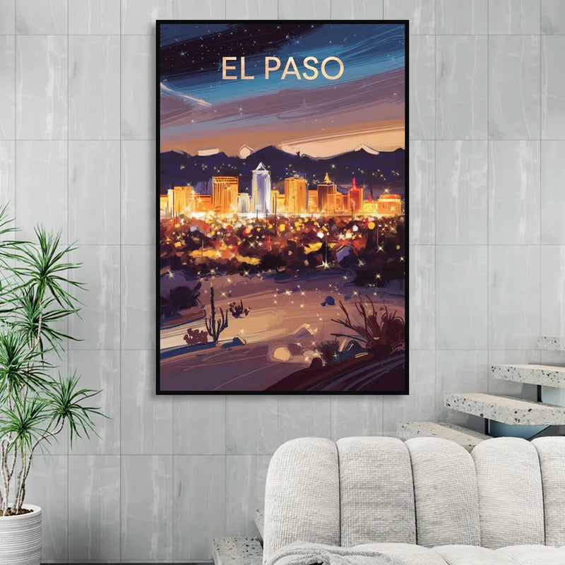 El Paso Night Lights Living Room - Black Canvas Wall Art