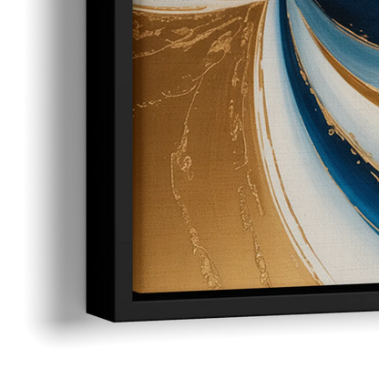 Elegance in Motion Blue and Gold Abstract - Close-Up Black Frame Canvas