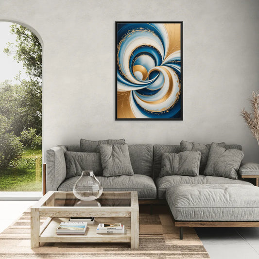 Elegance in Motion Blue and Gold Abstract - Living Room Black Frame Canvas