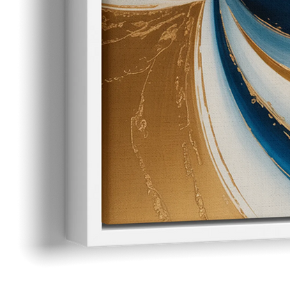 Elegance in Motion Blue and Gold Abstract - Close-Up White Frame Canvas