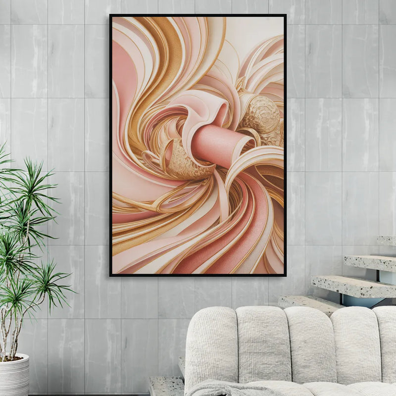 Elegance in Motion Pink and Gold Abstract Sitting Room - Black Canvas Wall Art