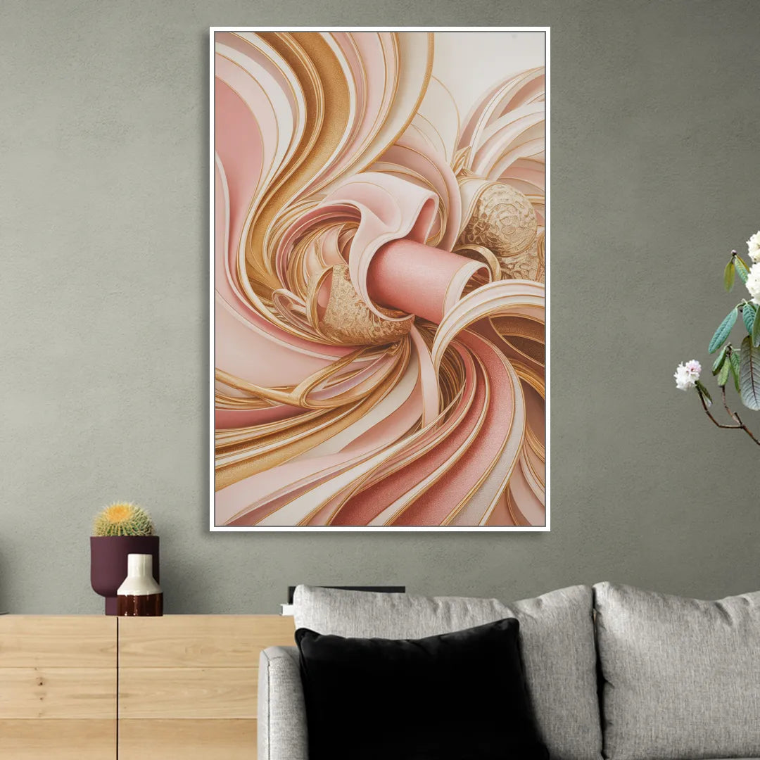 Elegance in Motion Pink and Gold Abstract Living Room - White Canvas Wall Art