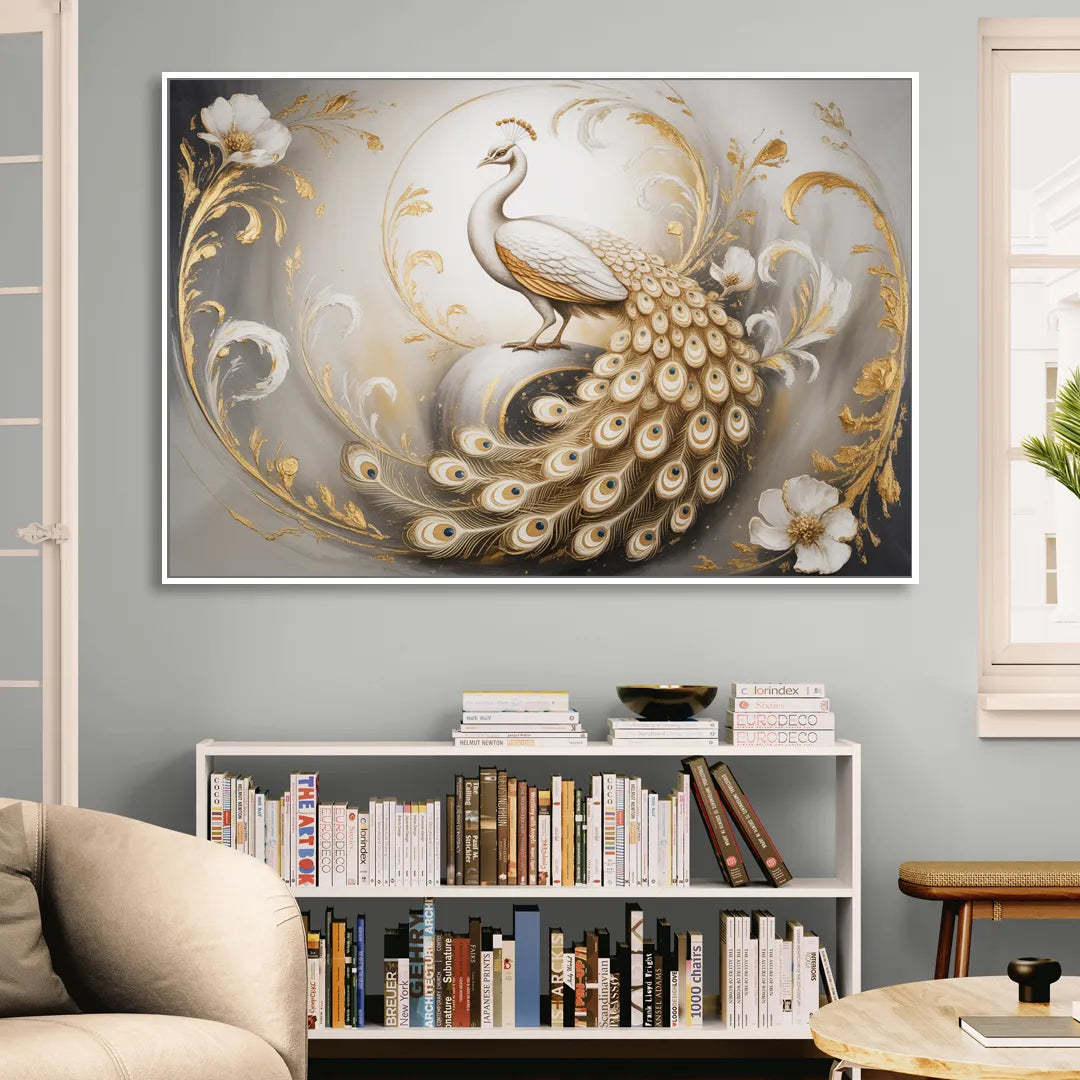 Elegance in White and Gold Sitting Room - White Canvas Wall Art