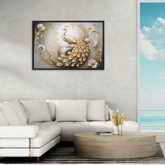 Elegance in White and Gold - Living Room Black Frame Canvas