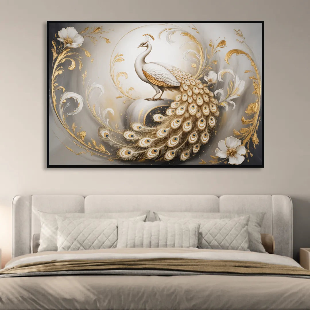 Elegance in White and Gold Living Room - Black Canvas Wall Art