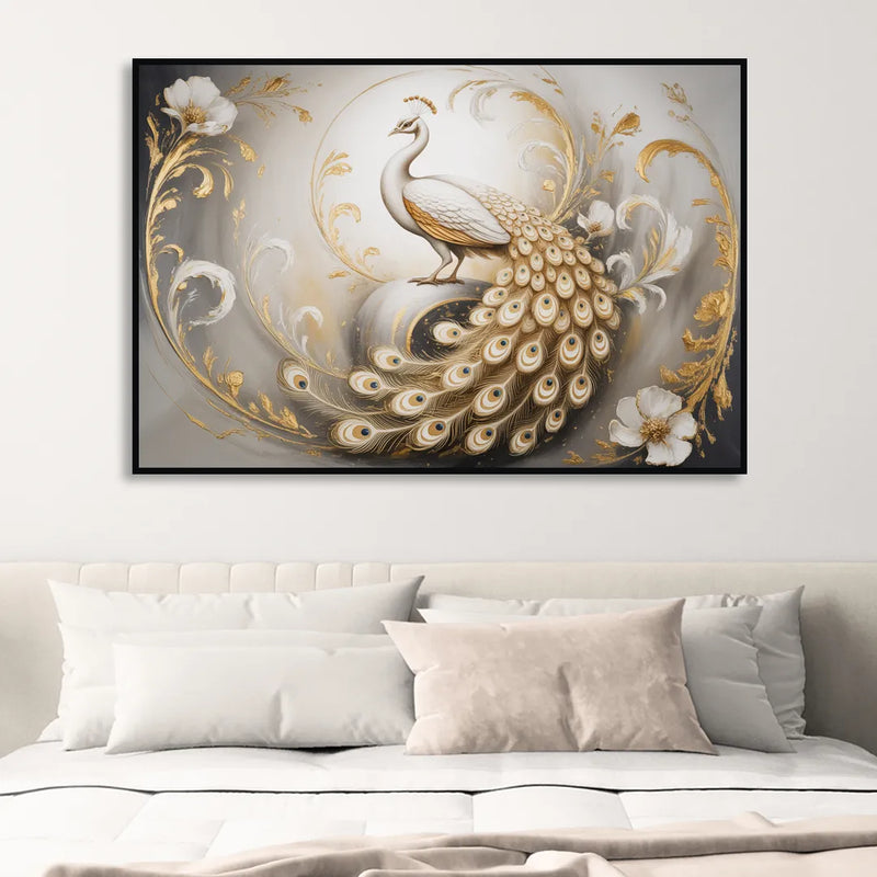 Elegance in White and Gold Sitting Room - Black Canvas Wall Art
