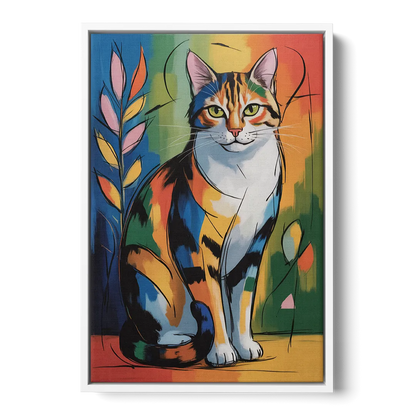 Elegant Calico Cat Front - White Canvas Wall Art