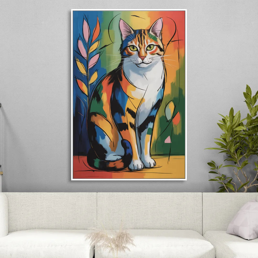 Elegant Calico Cat Sitting Room - White Canvas Wall Art