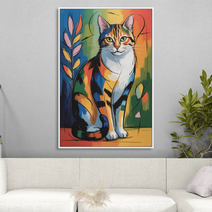 Elegant Calico Cat Sitting Room - White Canvas Wall Art