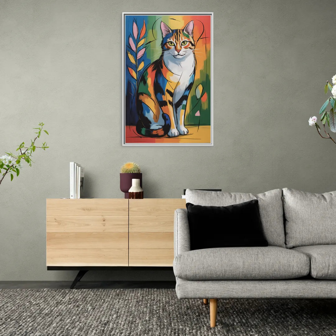 Elegant Calico Cat - Living Room White Frame Canvas