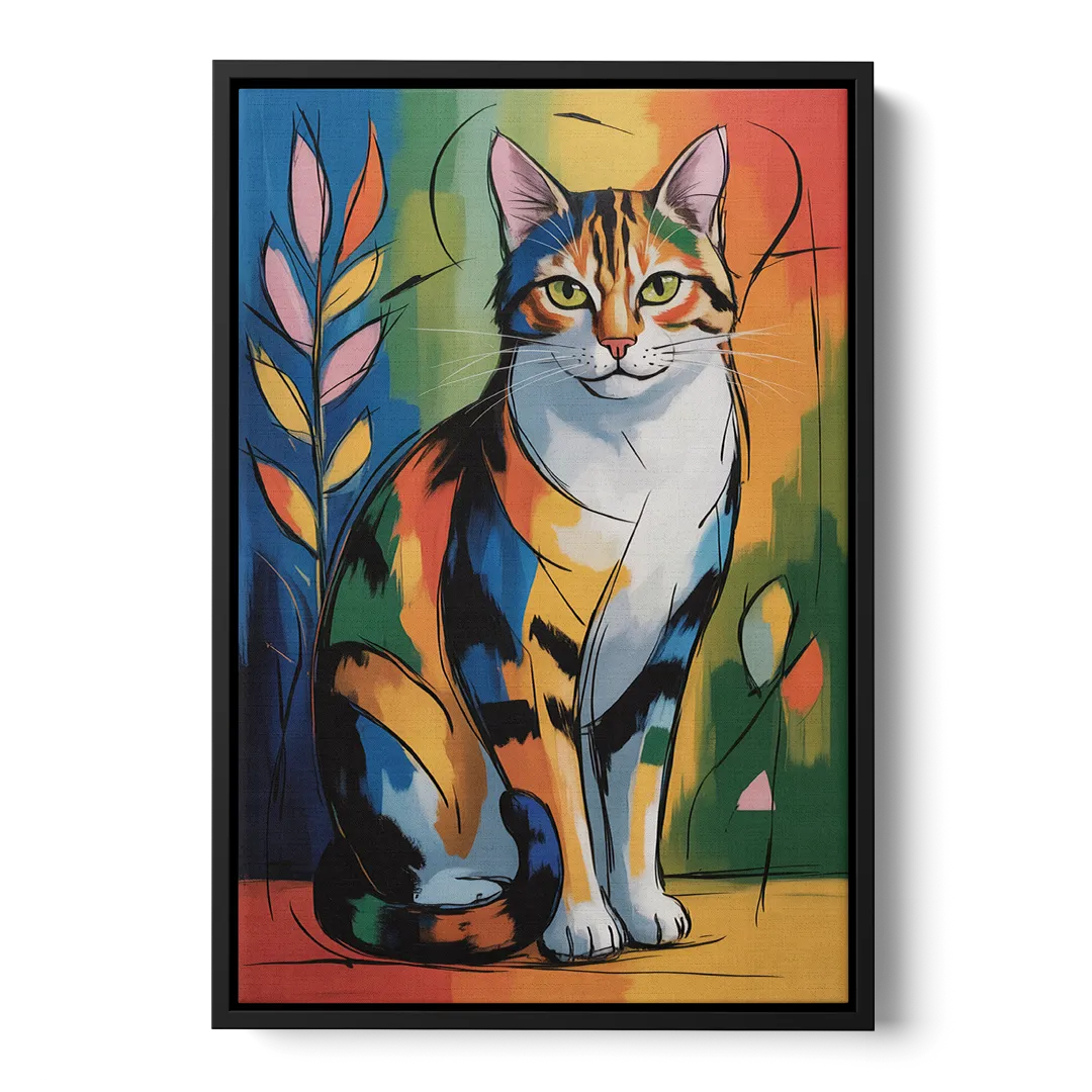 Elegant Calico Cat Front - Black Canvas Wall Art