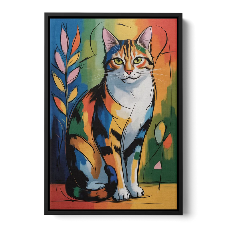 Elegant Calico Cat Front - Black Canvas Wall Art