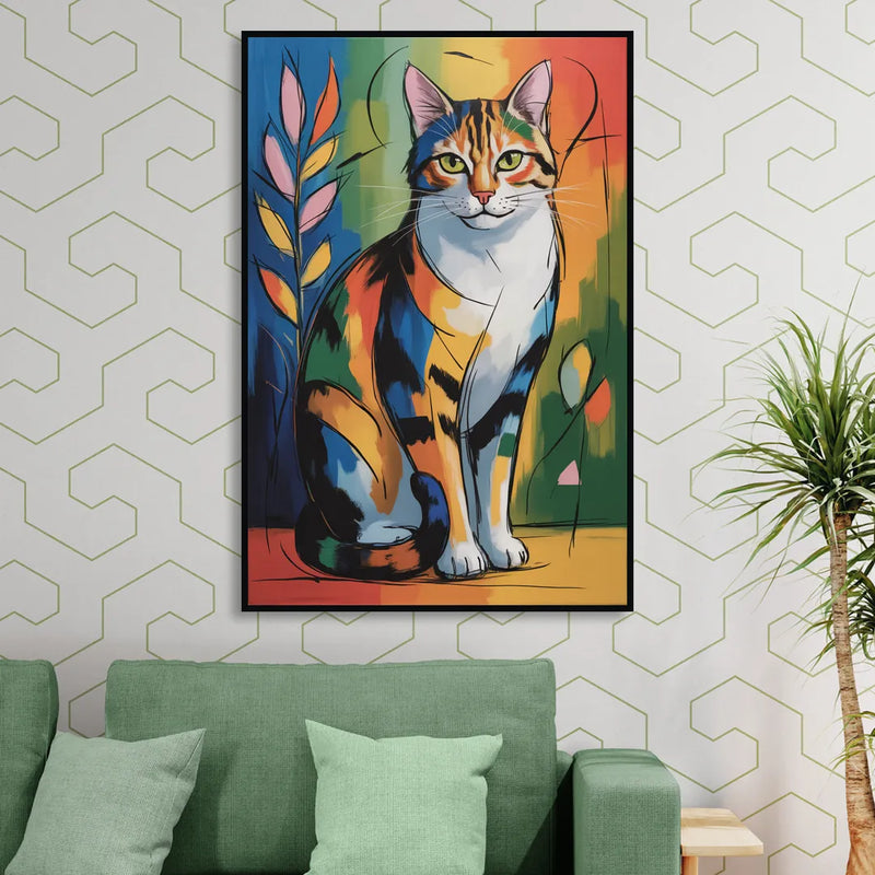 Elegant Calico Cat Living Room - Black Canvas Wall Art