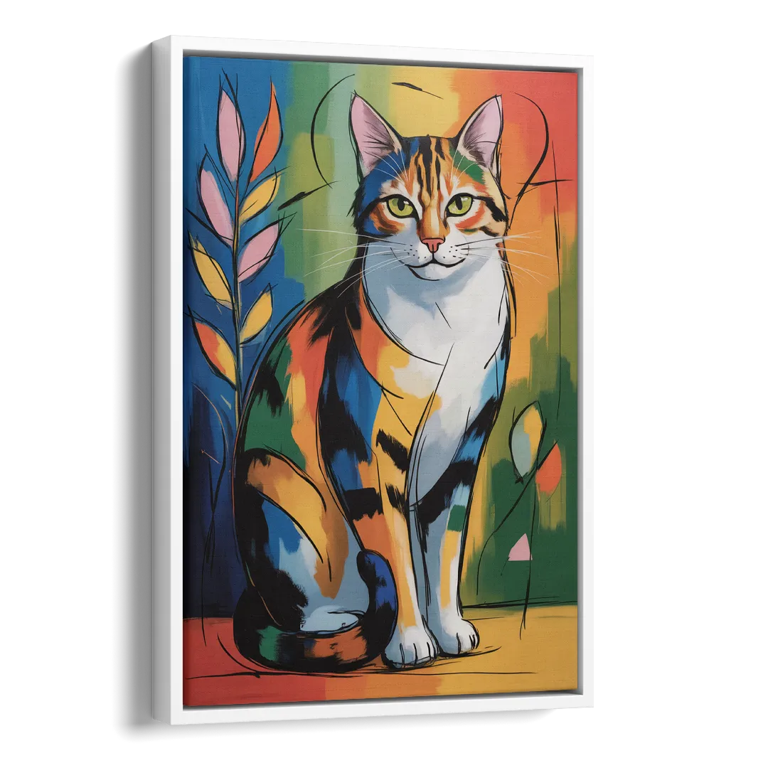 Elegant Calico Cat Side - White Canvas Wall Art