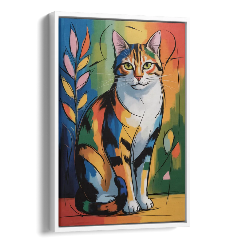 Elegant Calico Cat Side - White Canvas Wall Art