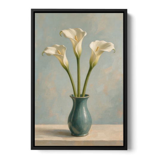 Elegant Calla Lilies in a Teal Vase for the Bathroom - Black Framed Canvas Wall Art - Front