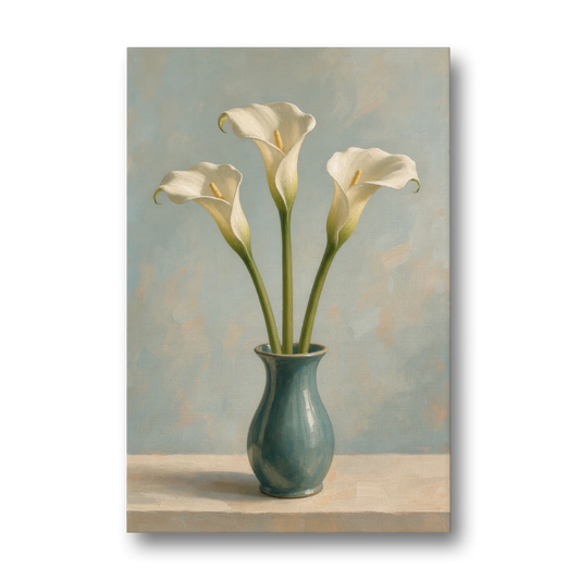 Elegant Calla Lilies in a Teal Vase for the Bathroom - Canvas Wall Art - Front