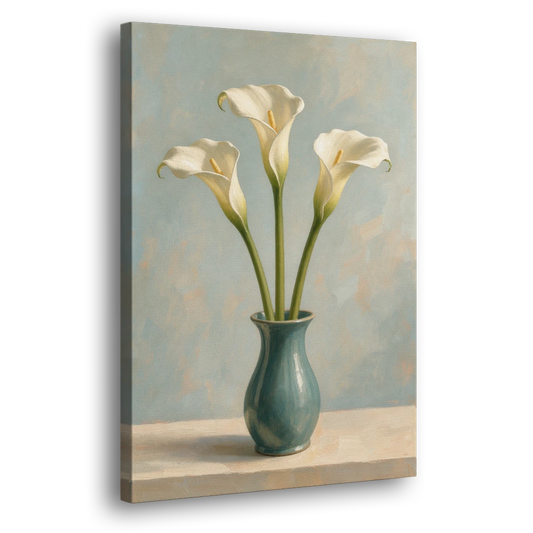 Elegant Calla Lilies in a Teal Vase for the Bathroom - Canvas Wall Art - Side