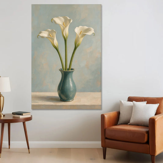 Elegant Calla Lilies in a Teal Vase for the Bathroom - Canvas Wall Art - Sofa - 40x60