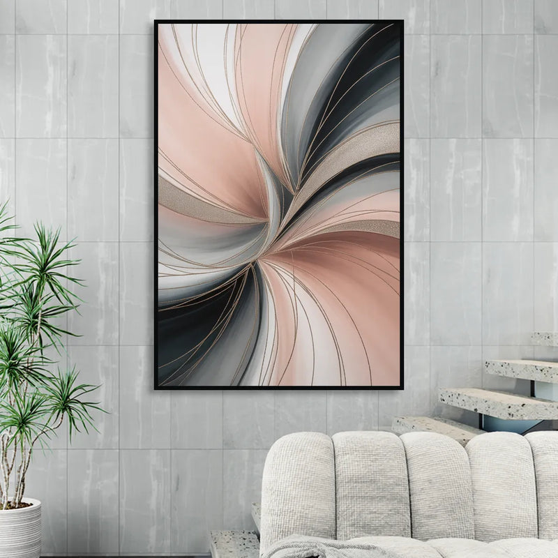 Elegant Curves Pink and Grey Abstract Living Room - Black Canvas Wall Art