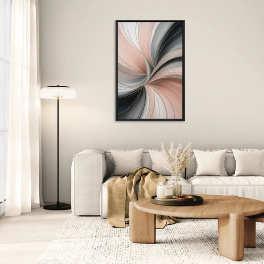 Elegant Curves Pink and Grey Abstract - Living Room Black Frame Canvas