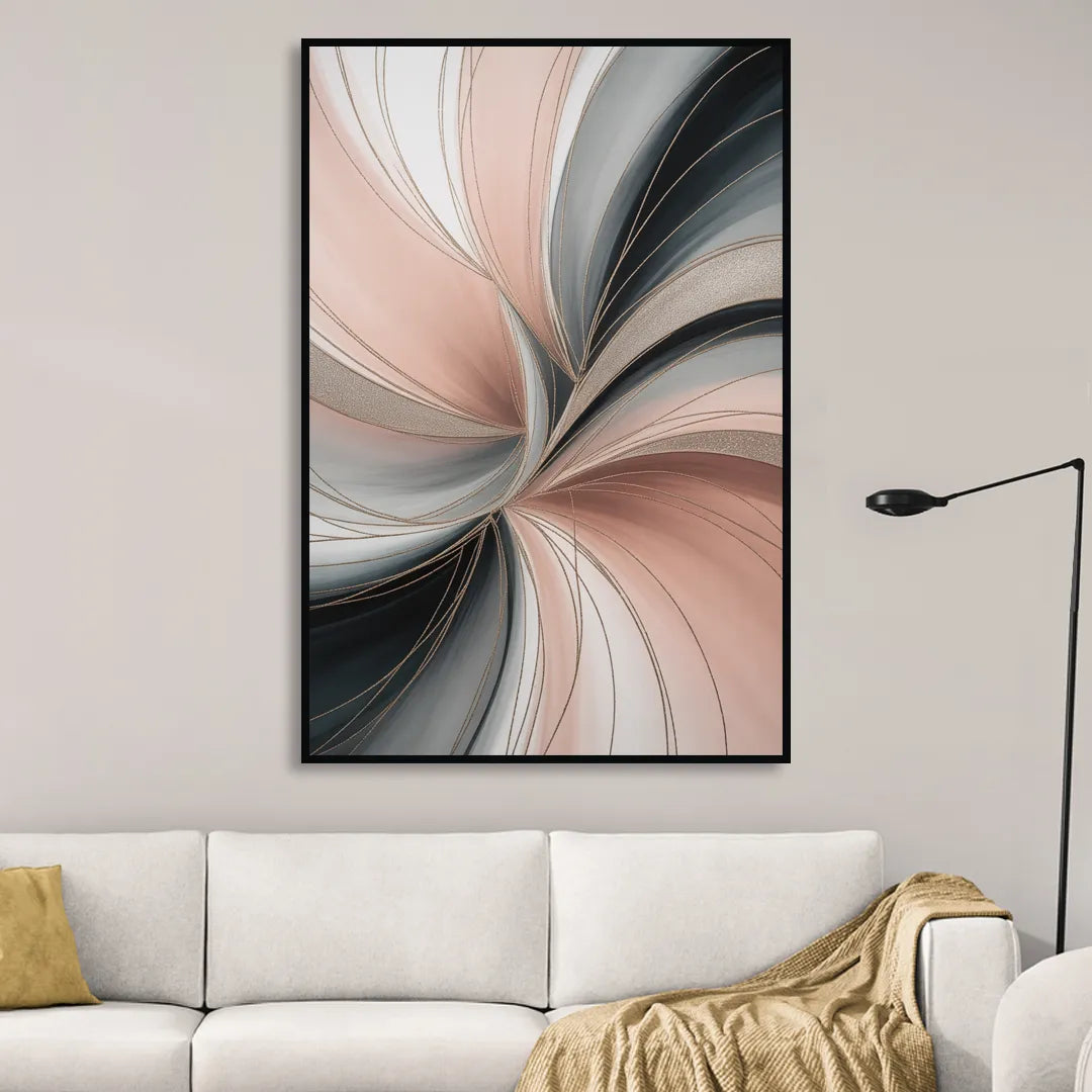 Elegant Curves Pink and Grey Abstract Sitting Room - Black Canvas Wall Art