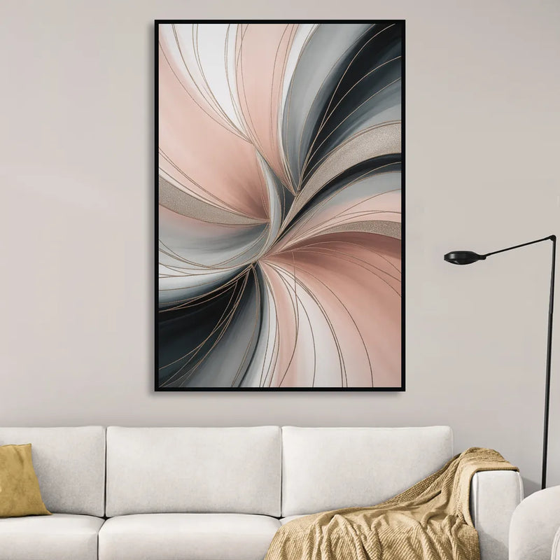 Elegant Curves Pink and Grey Abstract Sitting Room - Black Canvas Wall Art