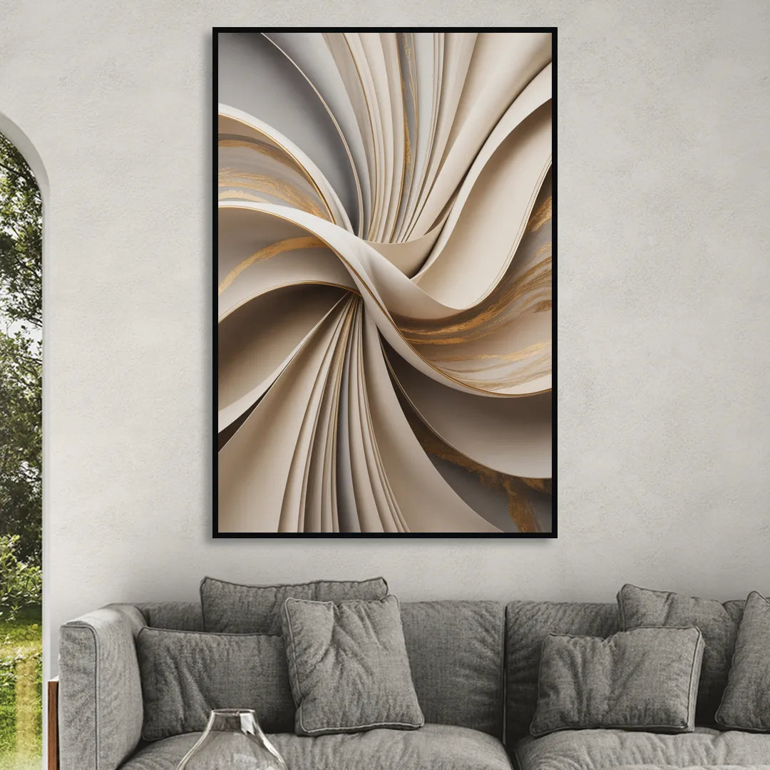 Elegant Flow Beige Abstract Sitting Room - Black Canvas Wall Art
