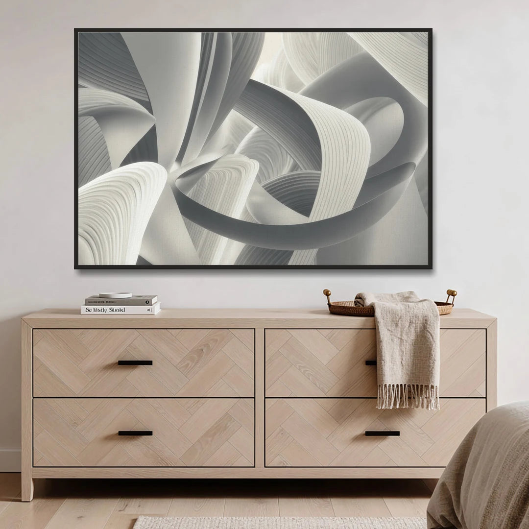 Elegant Flow Grey and White Abstract - Black Framed Canvas Wall Art - Coffee Table - 60x40