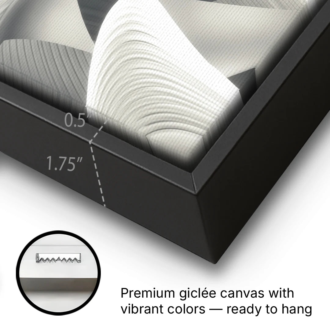 Elegant Flow Grey and White Abstract - Black Framed Canvas Wall Art - Gallery Wrap Corner