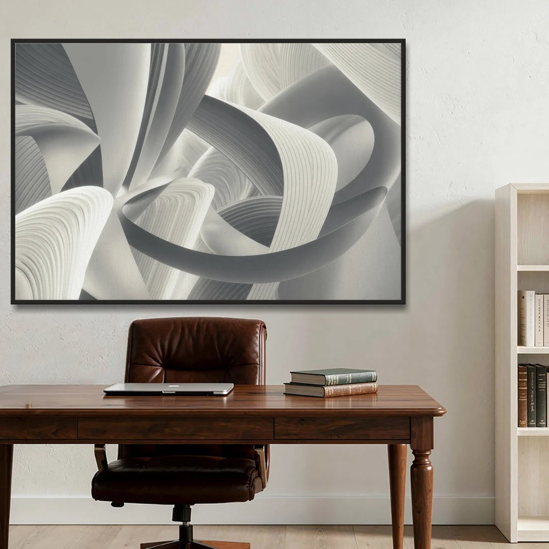 Elegant Flow Grey and White Abstract - Black Framed Canvas Wall Art - Office - 60x40