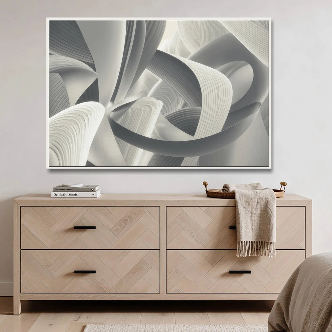 Elegant Flow Grey and White Abstract - White Framed Canvas Wall Art - Coffee Table - 60x40
