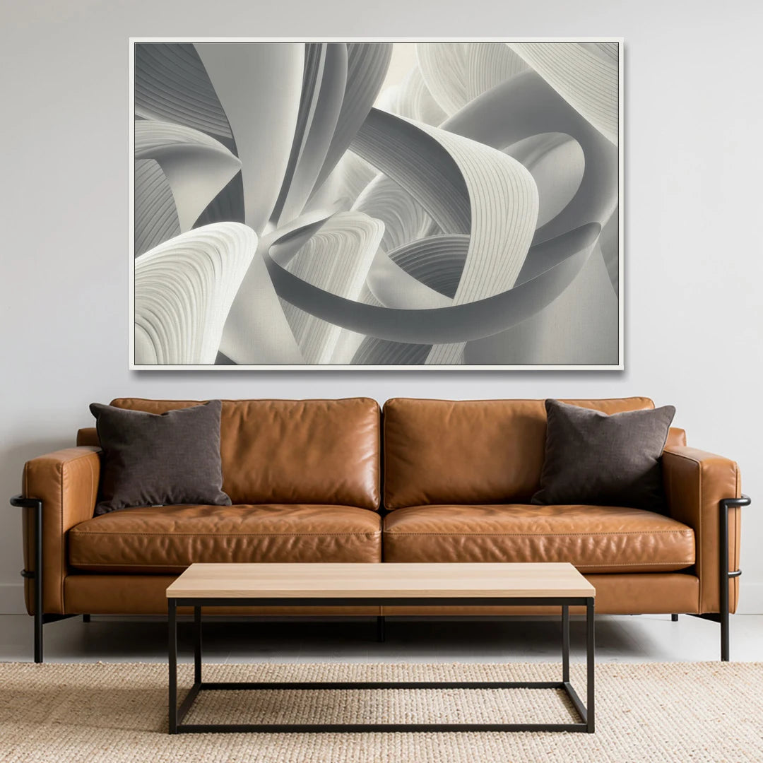 Elegant Flow Grey and White Abstract - White Framed Canvas Wall Art - Sofa - 60x40