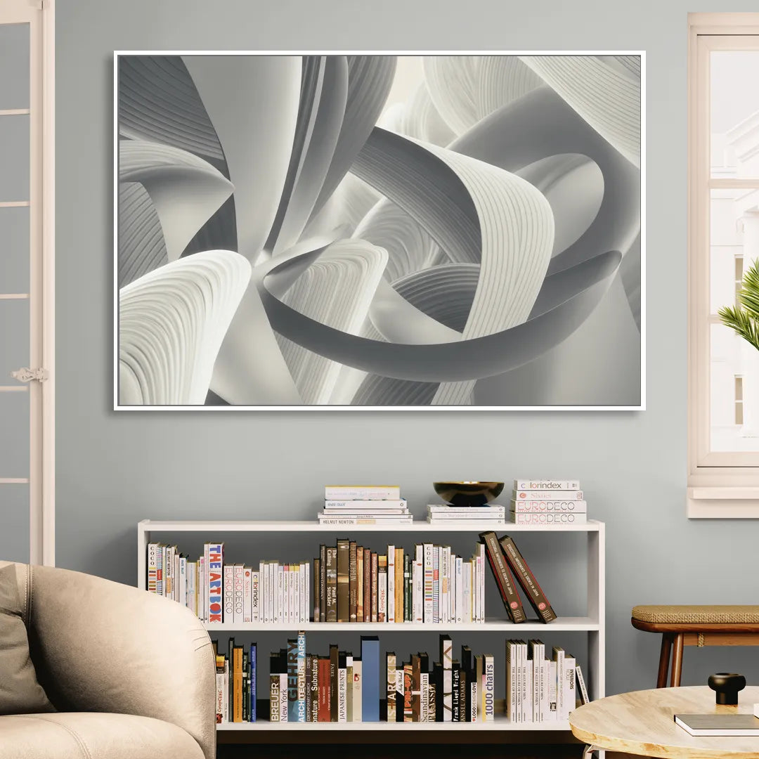 Elegant Flow Grey and White Abstract Living Room - White Canvas Wall Art
