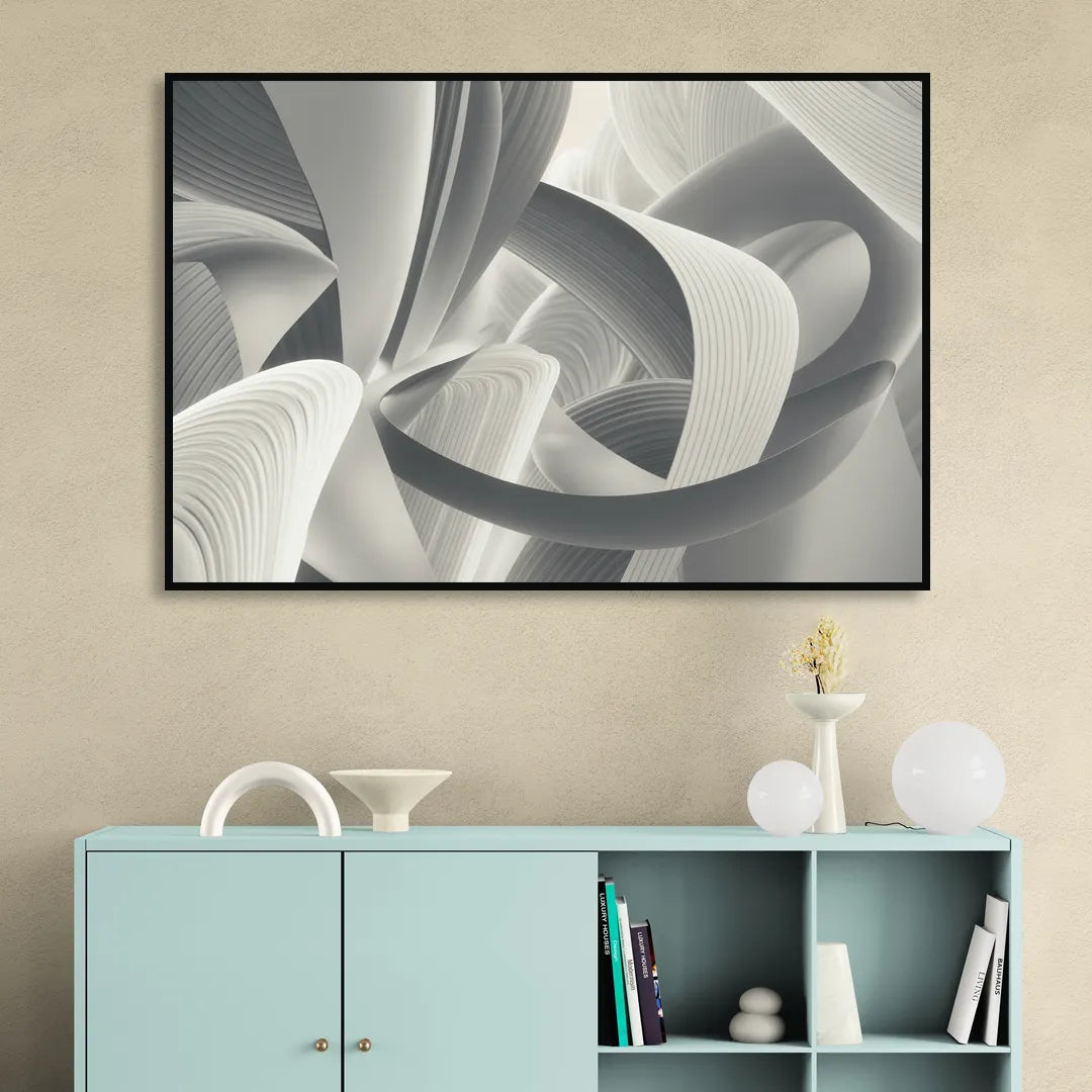 Elegant Flow Grey and White Abstract Sitting Room - Black Canvas Wall Art