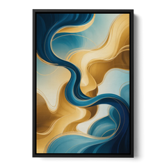Elegant Fluidity Blue and Gold Abstract - Black Framed Canvas Wall Art - Front