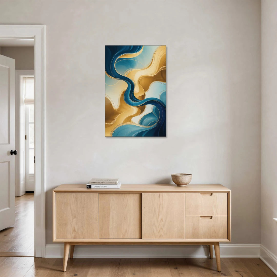 Elegant Fluidity Blue and Gold Abstract - Canvas Wall Art - Coffee Table - 24x36