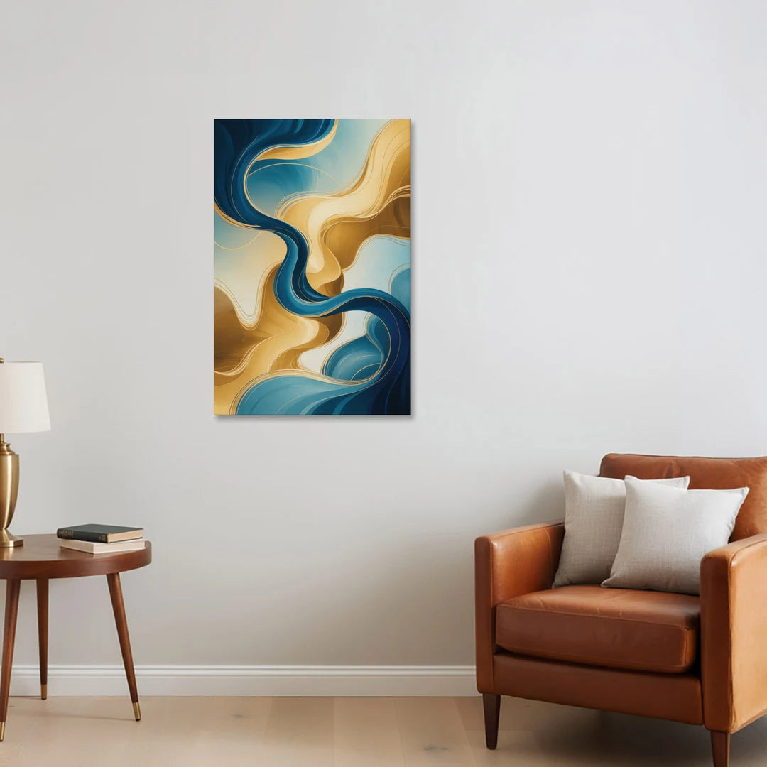 Elegant Fluidity Blue and Gold Abstract - Canvas Wall Art - Sofa - 24x36