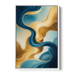 Elegant Fluidity Blue and Gold Abstract - White Framed Canvas Wall Art - Front