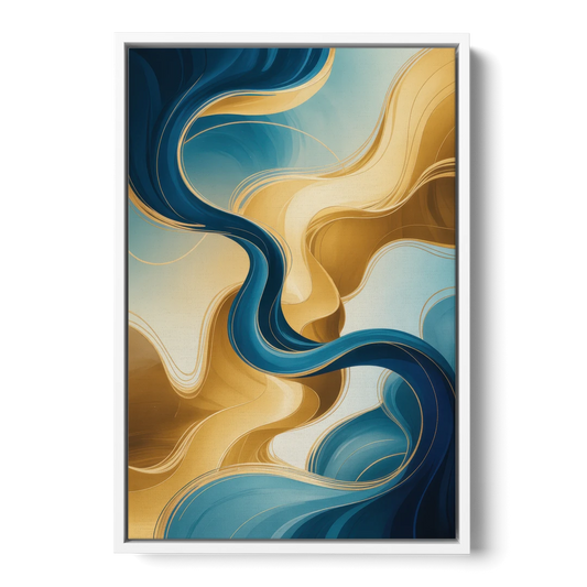 Elegant Fluidity Blue and Gold Abstract - White Framed Canvas Wall Art - Front