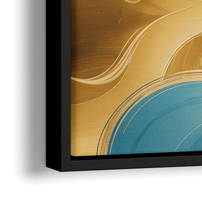 Elegant Fluidity Blue and Gold Abstract - Close-Up Black Frame Canvas