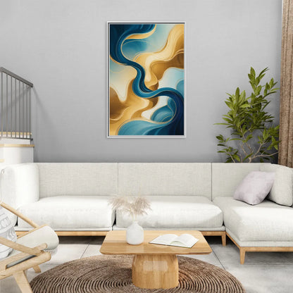 Elegant Fluidity Blue and Gold Abstract - Living Room White Frame Canvas