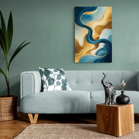 Elegant Fluidity Blue and Gold Abstract - Canvas Wall Art Living Room