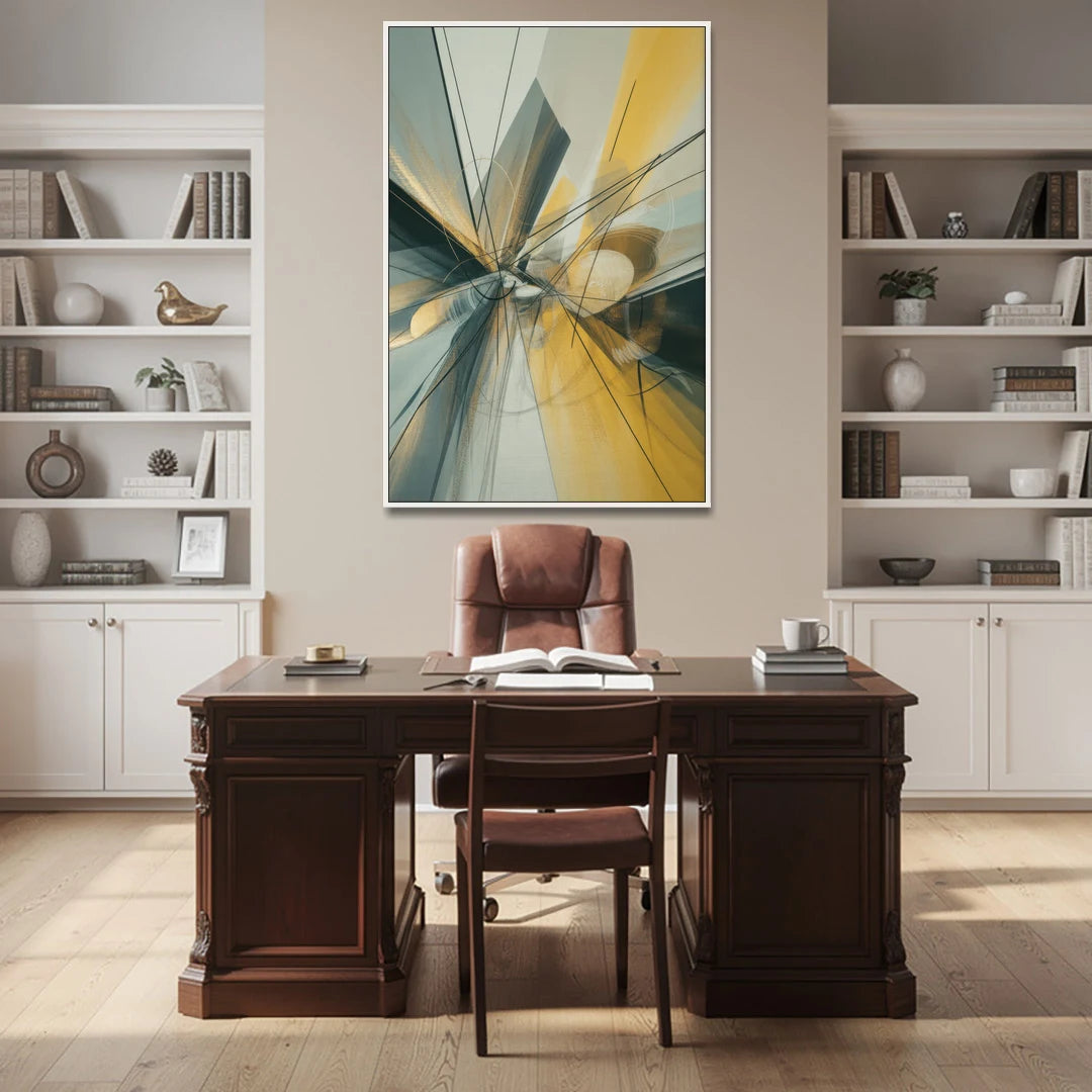 Elegant Fluidity Yellow and Grey Abstract - White Framed Canvas Wall Art - Office - 40x60